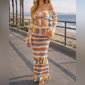 Crochet Maxi Skirt in Orange, Blue & White